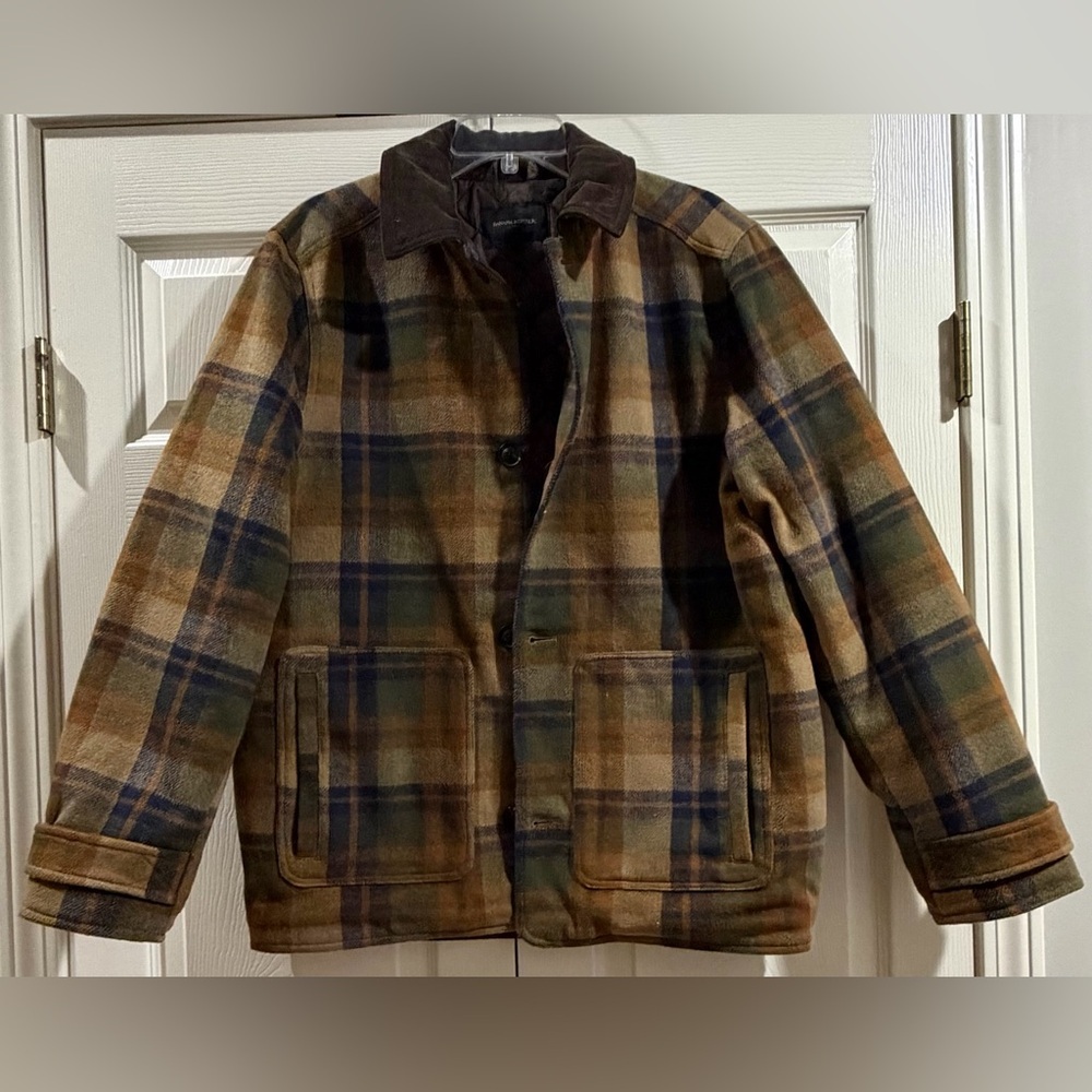 Banana Republic $180 HEAVY CORDUROY-COLLAR PLAID JACKET, Olive, Sz M